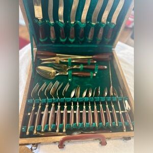 Vintage Mid-Century Tonys Gems Thailand Brass Bronze Flatware 35 Piece Set & Box